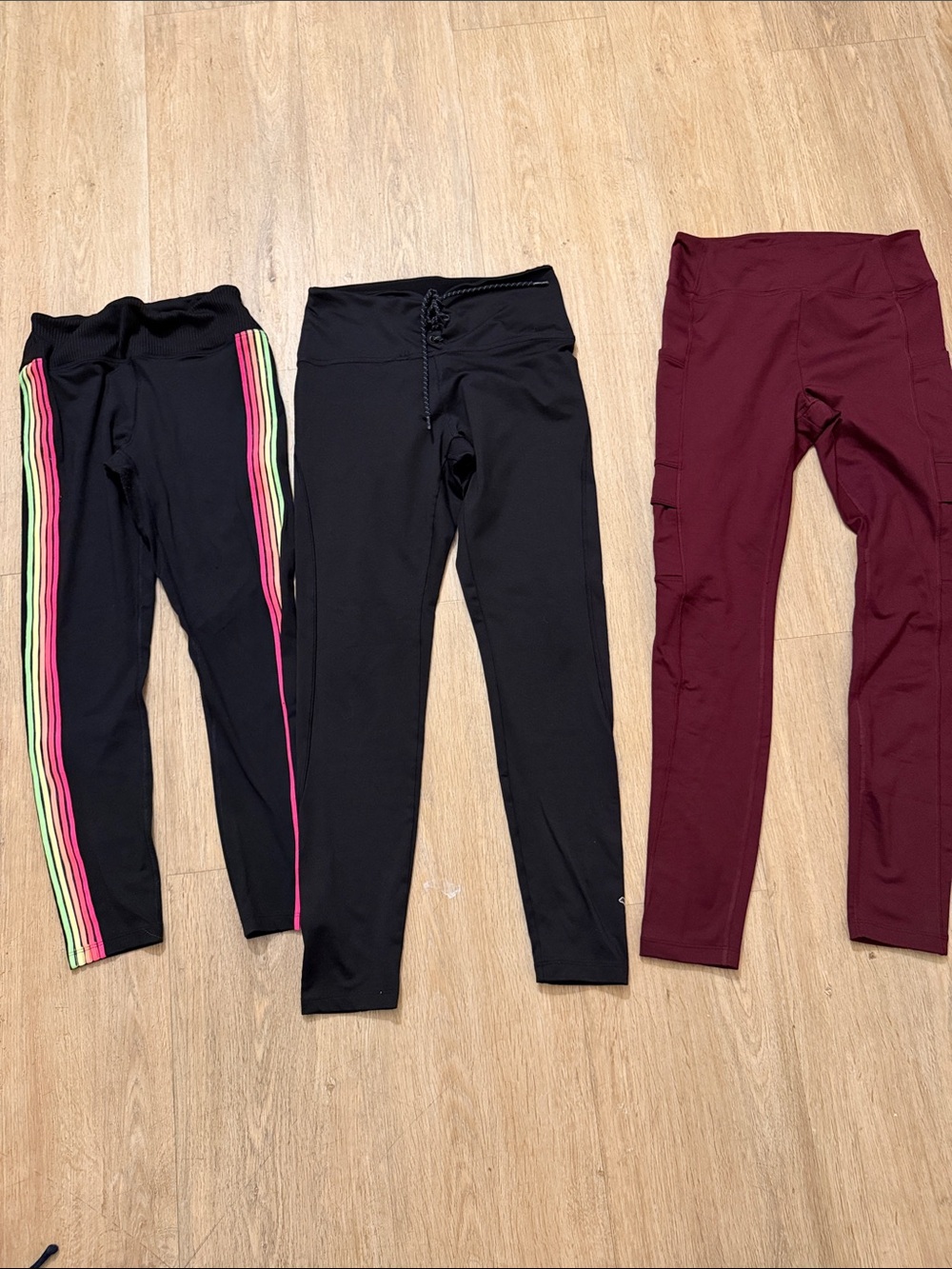 3 PINK Victoria's Secret Black and Burgundy Leggings Set with Neon Stripe Accent